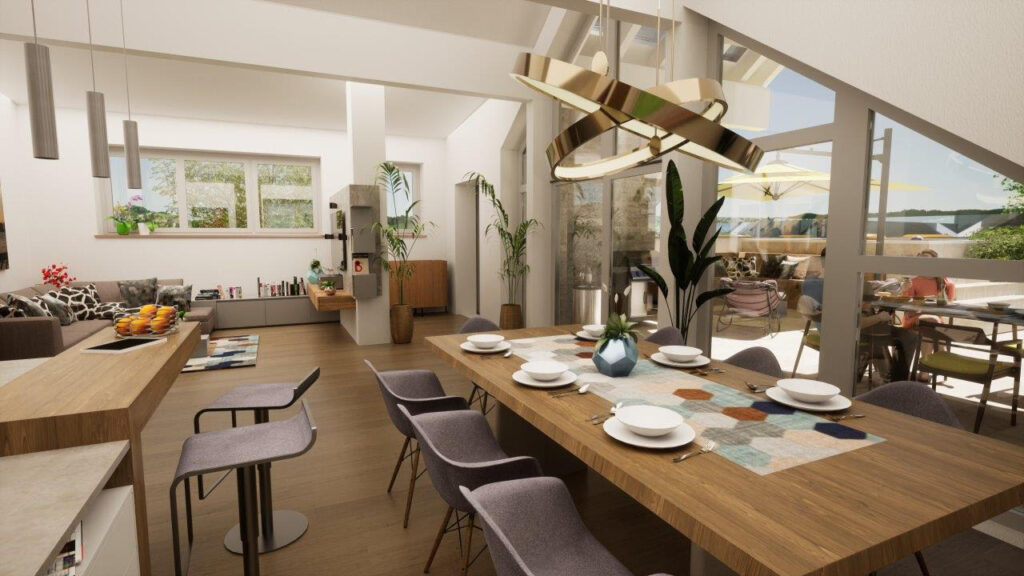 3D Visualisierung eines Dachgeschoss Ausbaus - Küche, Esstisch und Wohnzimmer mit Blick auf die Terrasse