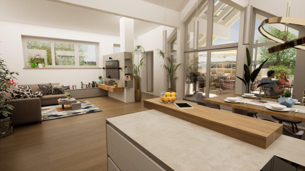 3D Visualisierung eines Dachgeschoss Ausbaus - Küche, Esstisch und Wohnzimmer mit Blick auf die Terrasse