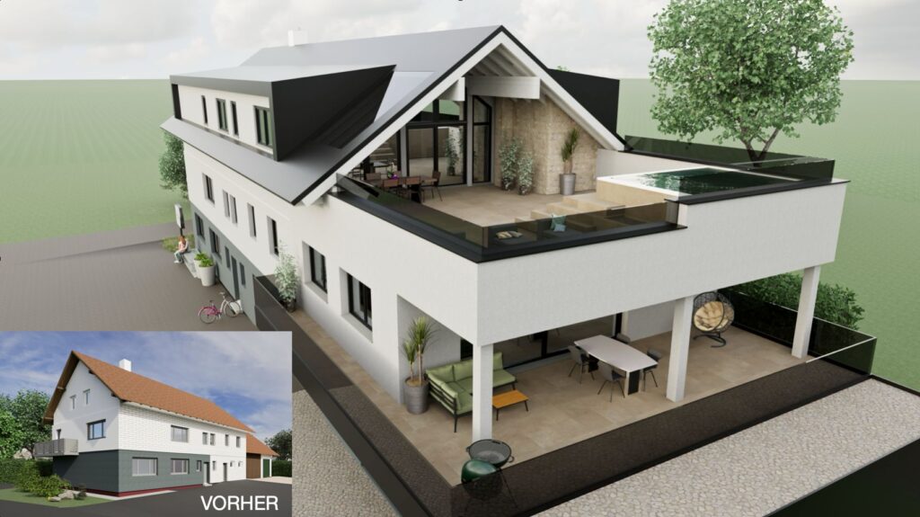 Wohnhaus-Zubau mit Dachterrasse und Doppelgarage