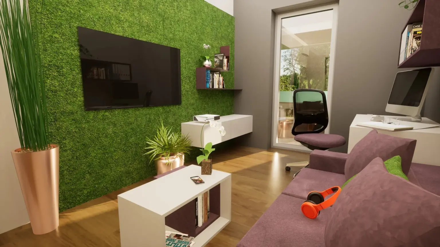 Home-Office Büro mit Mooswand und TV