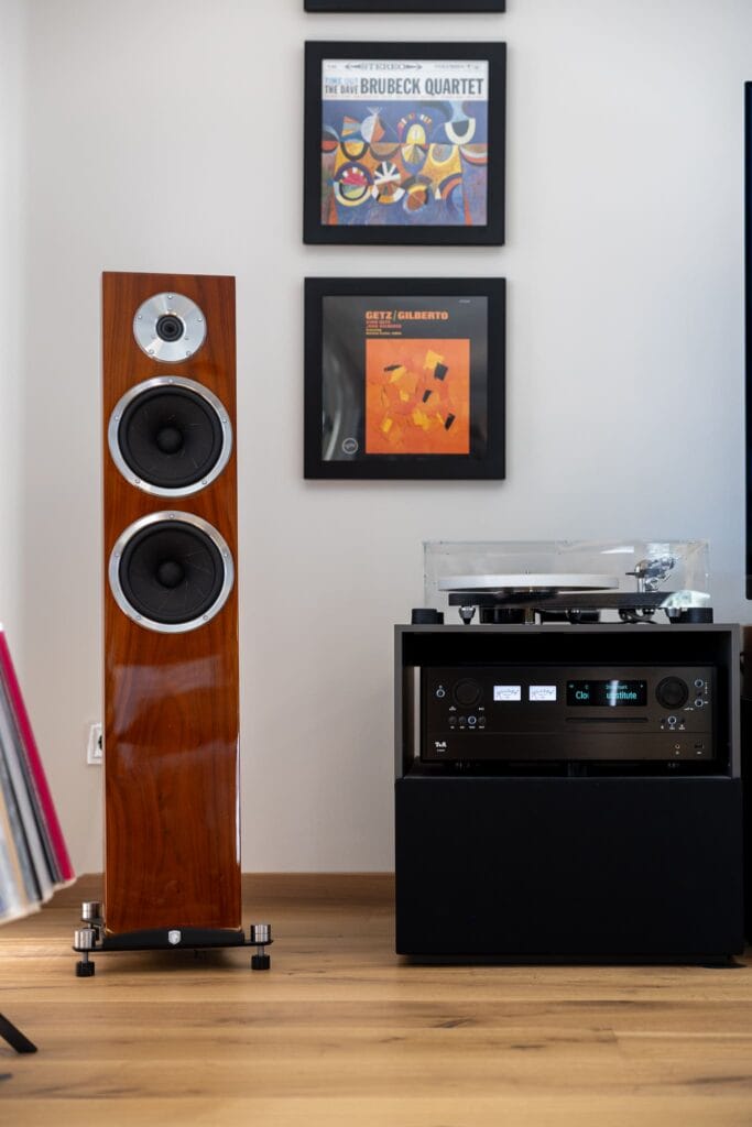 Wohnraum mit Holzfußboden, modernen Lautsprechern, einem Hi-Fi-System und Plattensammlung vor einer neutralen Wand.