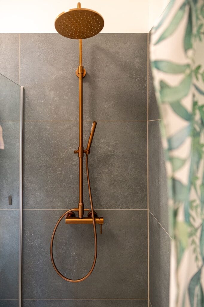 Dusche mit Glaswand und bronzener Armatur